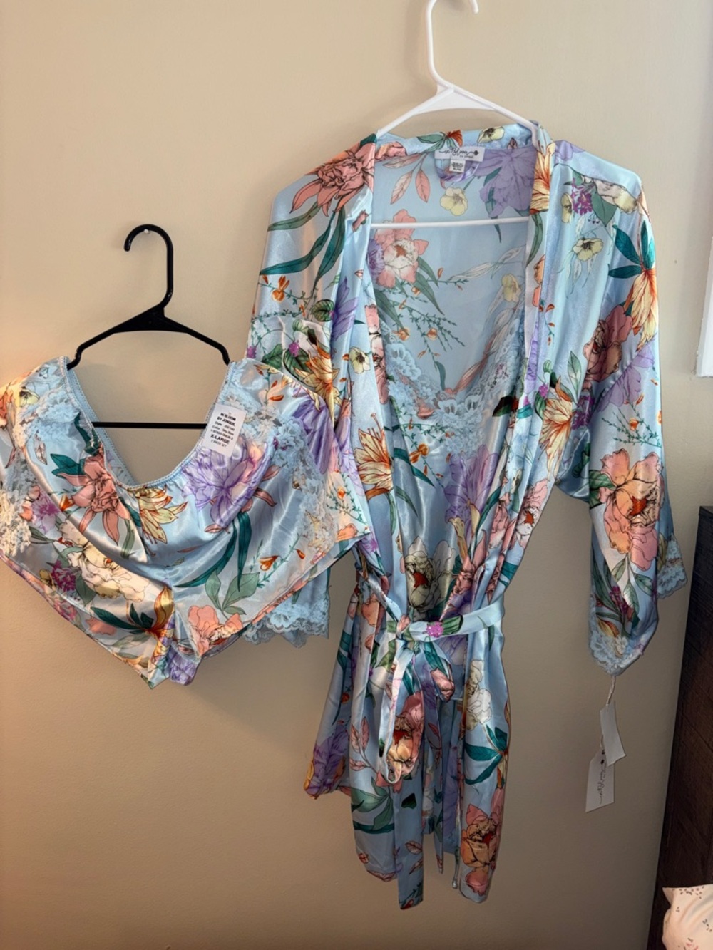 NWT Floral Satin Sleep Robe and Camisole Set - Light Blue